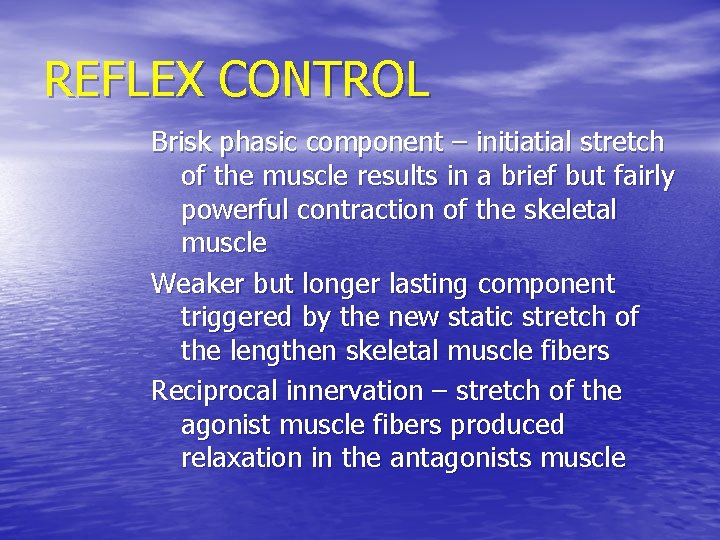 REFLEX CONTROL Brisk phasic component – initiatial stretch of the muscle results in a