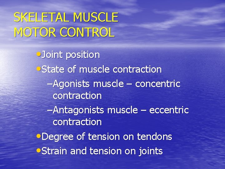SKELETAL MUSCLE MOTOR CONTROL • Joint position • State of muscle contraction –Agonists muscle