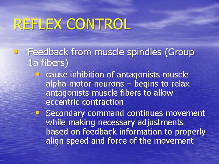 REFLEX CONTROL • Feedback from muscle spindles (Group 1 a fibers) • cause inhibition
