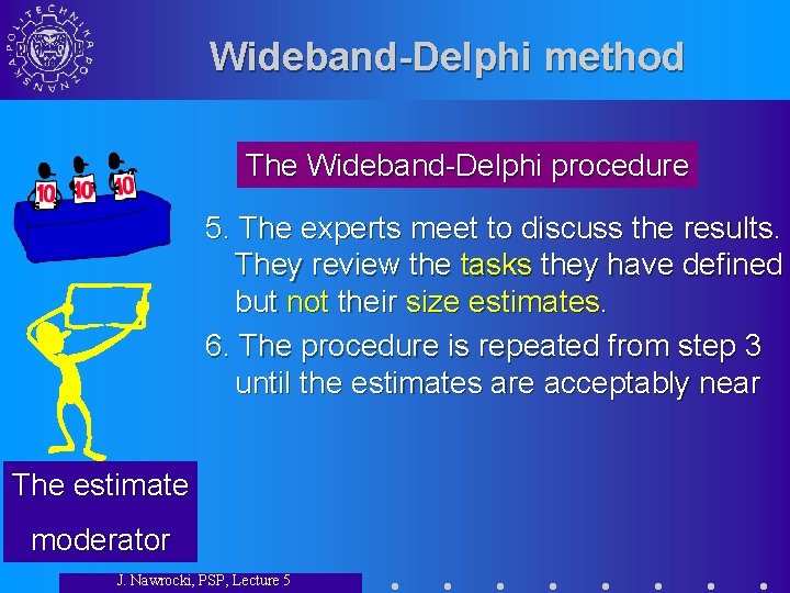 Wideband-Delphi method The Wideband-Delphi procedure 5. The experts meet to discuss the results. They