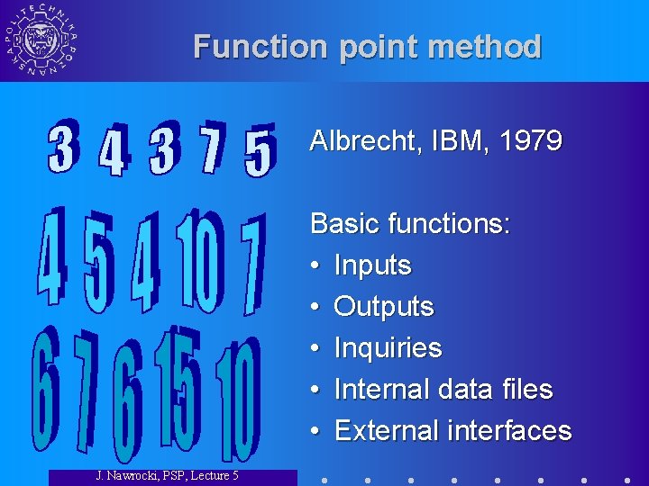 Function point method Albrecht, IBM, 1979 Basic functions: • Inputs • Outputs • Inquiries