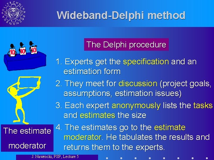 Wideband-Delphi method The Delphi procedure 1. Experts get the specification and an estimation form