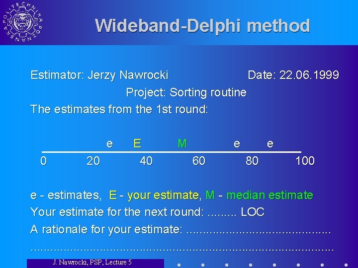 Wideband-Delphi method Estimator: Jerzy Nawrocki Date: 22. 06. 1999 Project: Sorting routine The estimates