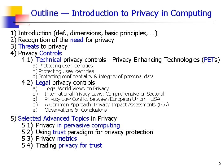 Outline — Introduction to Privacy in Computing 1) 2) 3) 4) Introduction (def. ,