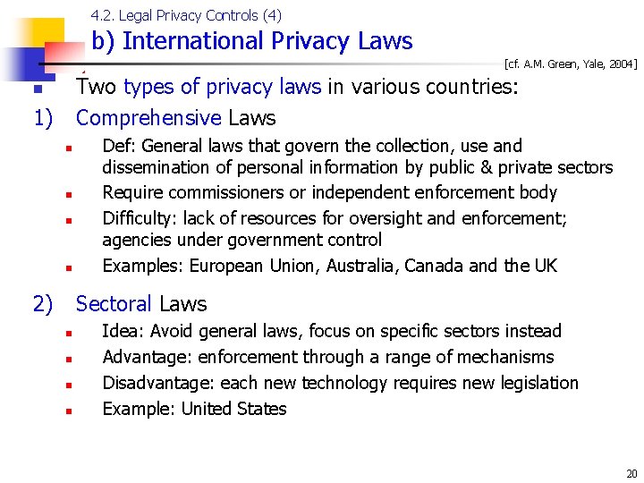 4. 2. Legal Privacy Controls (4) b) International Privacy Laws [cf. A. M. Green,