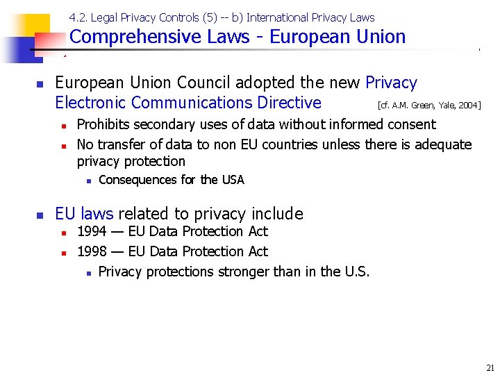 4. 2. Legal Privacy Controls (5) -- b) International Privacy Laws Comprehensive Laws -