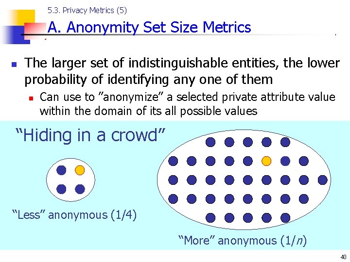 5. 3. Privacy Metrics (5) A. Anonymity Set Size Metrics n The larger set