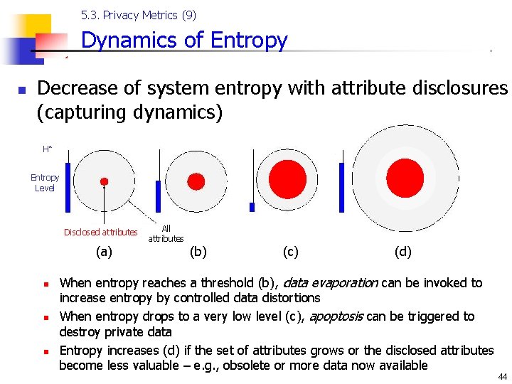 5. 3. Privacy Metrics (9) Dynamics of Entropy n Decrease of system entropy with