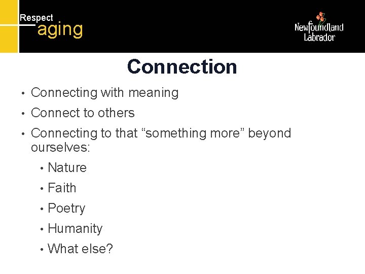 Respect aging Connection • Connecting with meaning • Connect to others • Connecting to