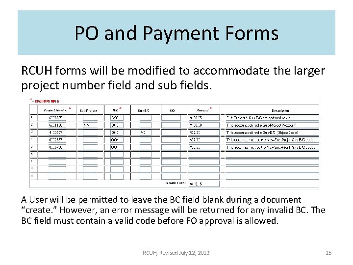 PO and Payment Forms RCUH forms will be modified to accommodate the larger project
