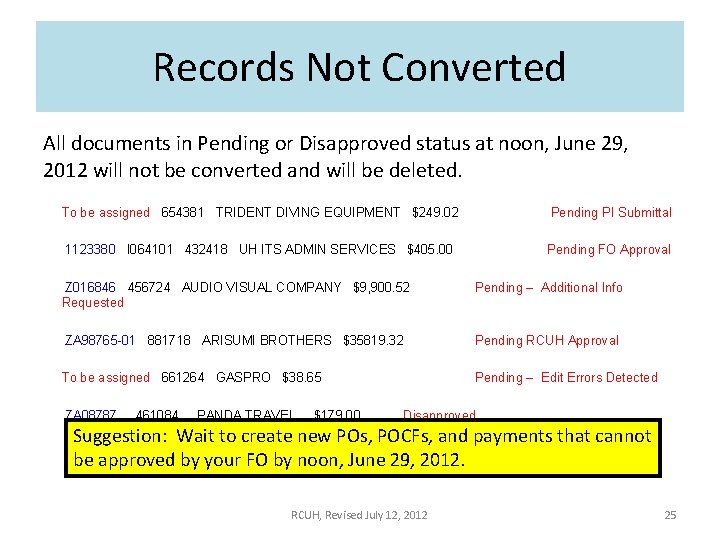 Records Not Converted All documents in Pending or Disapproved status at noon, June 29,