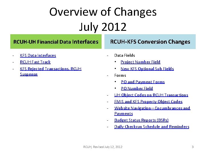 Overview of Changes July 2012 RCUH-UH Financial Data Interfaces - KFS Data Interfaces RCUH