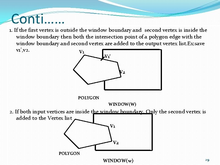 Conti…… 1. If the first vertex is outside the window boundary and second vertex