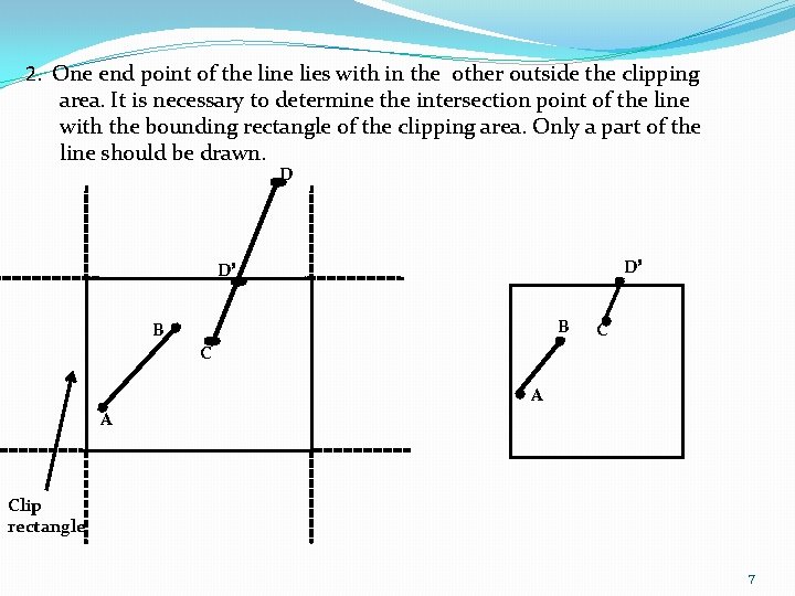 2. One end point of the line lies with in the other outside the