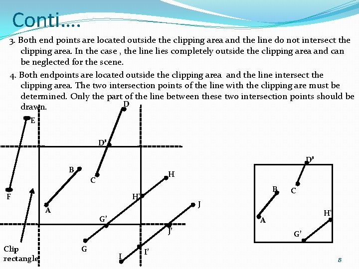 Conti…. 3. Both end points are located outside the clipping area and the line