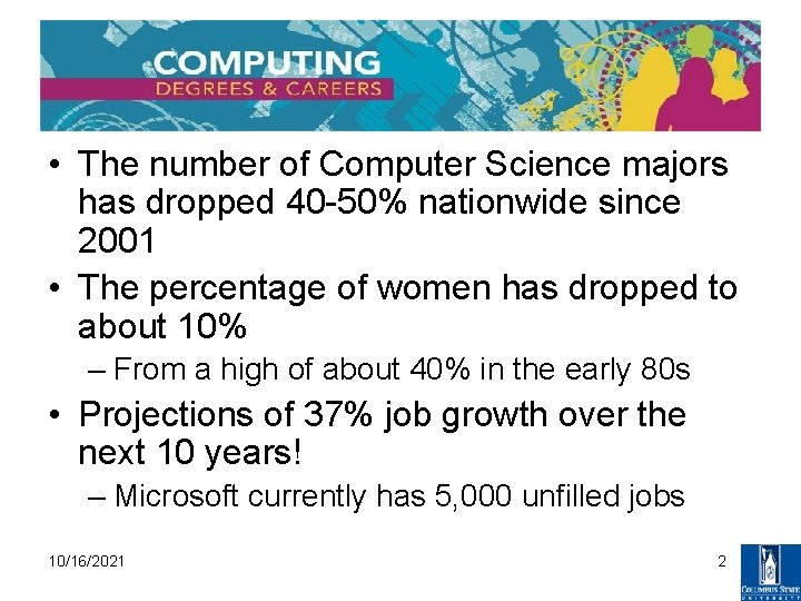  • The number of Computer Science majors has dropped 40 -50% nationwide since