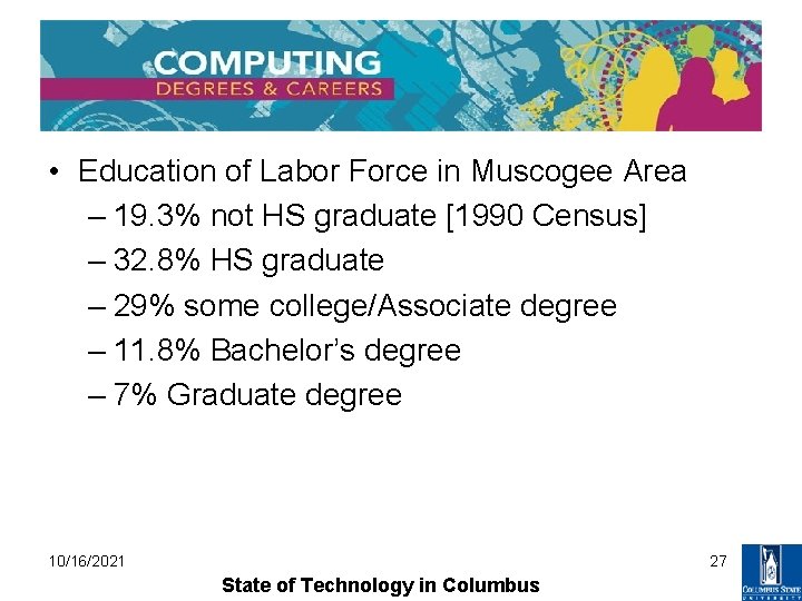 • Education of Labor Force in Muscogee Area – 19. 3% not HS