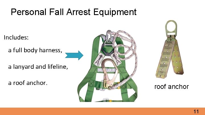 Personal Fall Arrest Equipment Includes: a full body harness, a lanyard and lifeline, a