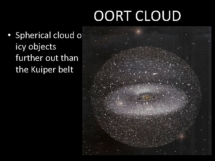 OORT CLOUD • Spherical cloud of icy objects further out than the Kuiper belt
