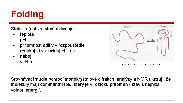 Folding Stabilitu (nativní stav) ovlivňuje: - teplota - p. H - přítomnost aditiv v