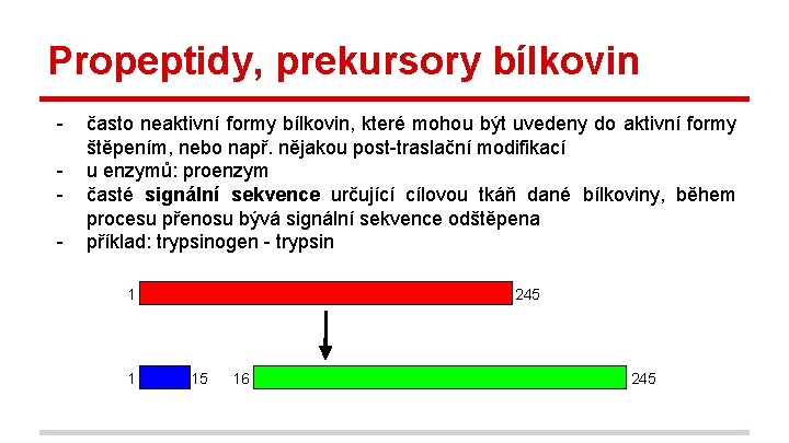 Propeptidy, prekursory bílkovin - často neaktivní formy bílkovin, které mohou být uvedeny do aktivní