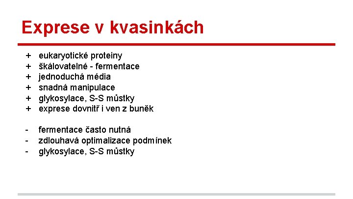 Exprese v kvasinkách + + + eukaryotické proteiny škálovatelné - fermentace jednoduchá média snadná