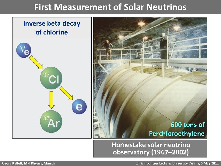 First Measurement of Solar Neutrinos Inverse beta decay of chlorine 600 tons of Perchloroethylene