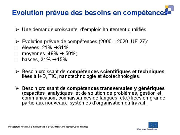 Evolution prévue des besoins en compétences Ø Une demande croissante d’emplois hautement qualifiés. Ø