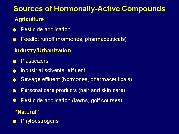 Sources of Hormonally-Active Compounds Agriculture Pesticide application Feedlot runoff (hormones, pharmaceuticals) Industry/Urbanization Plasticizers Industrial
