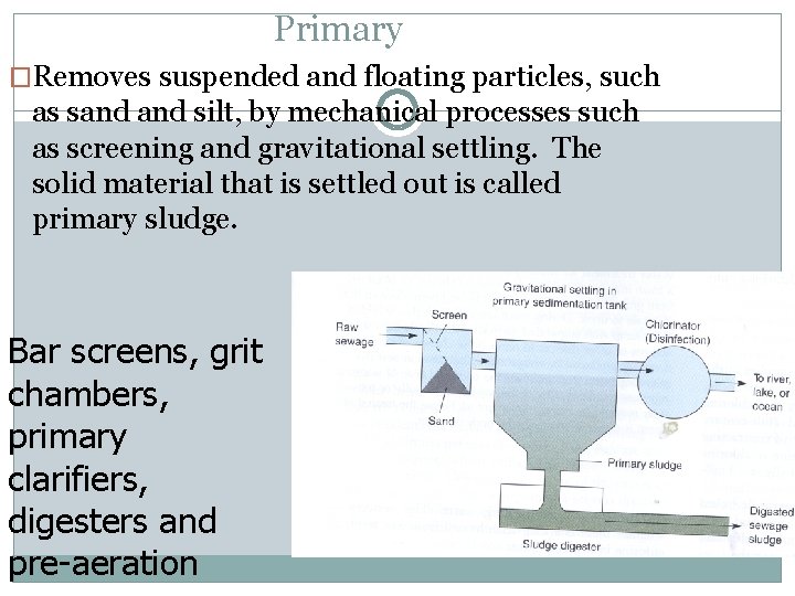 Primary �Removes suspended and floating particles, such as sand silt, by mechanical processes such