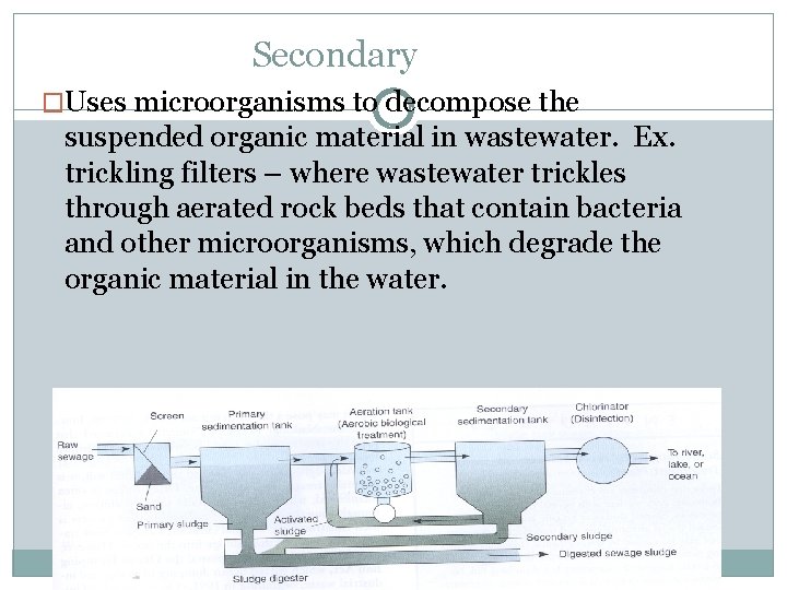 Secondary �Uses microorganisms to decompose the suspended organic material in wastewater. Ex. trickling filters