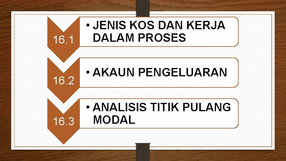  • JENIS KOS DAN KERJA DALAM PROSES 16. 1 16. 2 • AKAUN