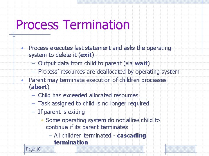 Process Termination Process executes last statement and asks the operating system to delete it