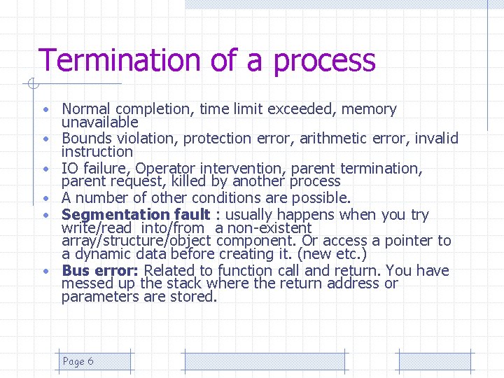 Termination of a process • Normal completion, time limit exceeded, memory • • •