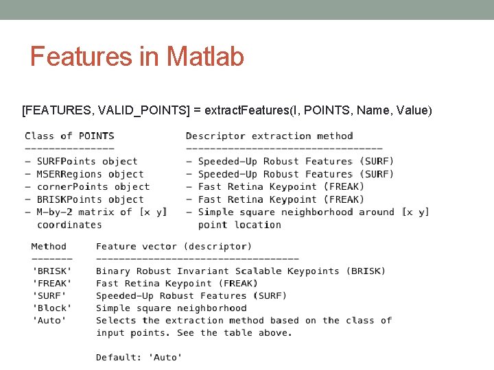 Features in Matlab [FEATURES, VALID_POINTS] = extract. Features(I, POINTS, Name, Value) 