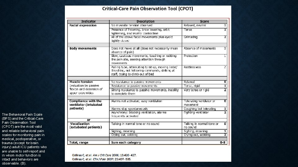 The Behavioral Pain Scale (BPS) and the Critical-Care Pain Observation Tool (CPOT) are the