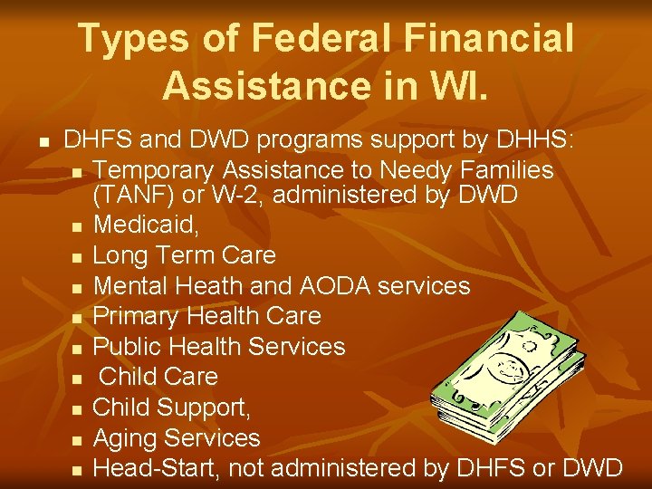 Types of Federal Financial Assistance in WI. n DHFS and DWD programs support by