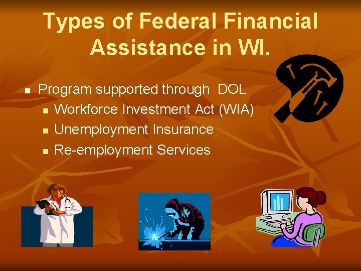 Types of Federal Financial Assistance in WI. n Program supported through DOL n Workforce