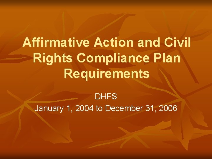 Affirmative Action and Civil Rights Compliance Plan Requirements DHFS January 1, 2004 to December