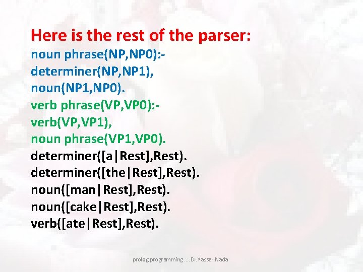 Here is the rest of the parser: noun phrase(NP, NP 0): determiner(NP, NP 1),