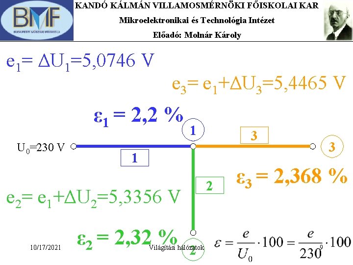 KANDÓ KÁLMÁN VILLAMOSMÉRNÖKI FŐISKOLAI KAR Mikroelektronikai és Technológia Intézet Előadó: Molnár Károly e 1=