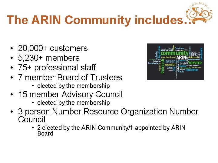 The ARIN Community includes… • • 20, 000+ customers 5, 230+ members 75+ professional