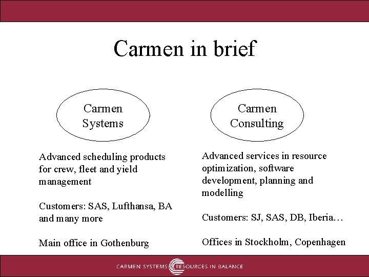 Carmen in brief Carmen Systems Advanced scheduling products for crew, fleet and yield management Carmen in brief Carmen Systems Advanced scheduling products for crew, fleet and yield management