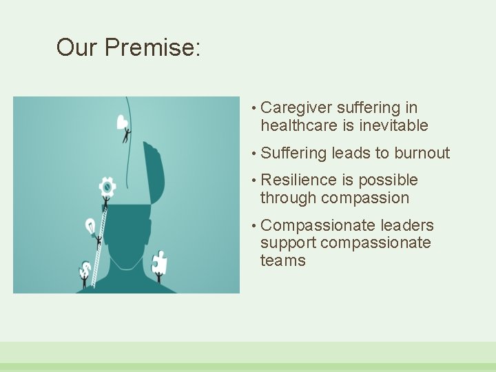Our Premise: • Caregiver suffering in healthcare is inevitable • Suffering leads to burnout