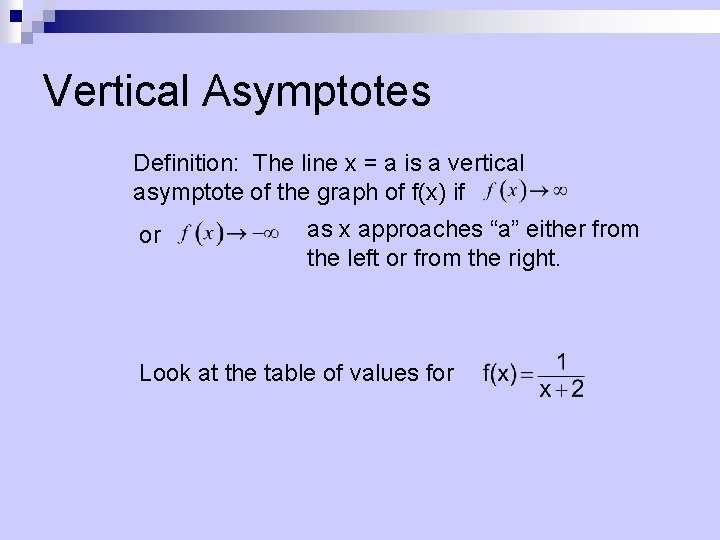 Vertical Asymptotes Definition: The line x = a is a vertical asymptote of the