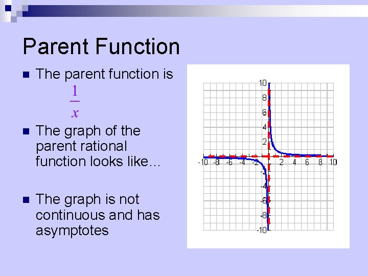 Parent Function n The parent function is n The graph of the parent rational