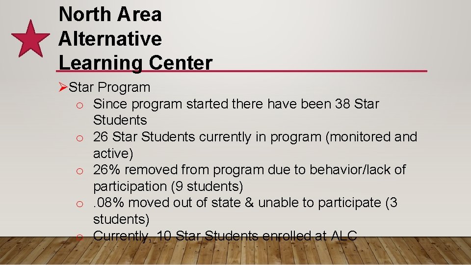 North Area Alternative Learning Center ØStar Program o Since program started there have been North Area Alternative Learning Center ØStar Program o Since program started there have been