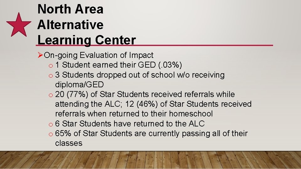 North Area Alternative Learning Center Ø On-going Evaluation of Impact o 1 Student earned North Area Alternative Learning Center Ø On-going Evaluation of Impact o 1 Student earned