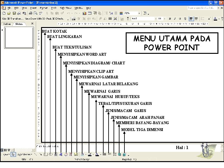 BUAT KOTAK BUAT LINGKARAN MENU UTAMA PADA POWER POINT BUAT TEKS/TULISAN MENYISIPKAN WORD ART