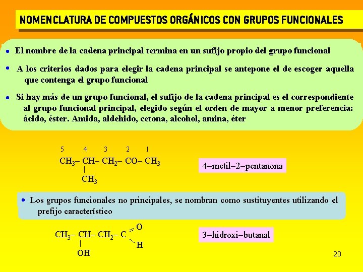 NOMENCLATURA DE COMPUESTOS ORGÁNICOS CON GRUPOS FUNCIONALES El nombre de la cadena principal termina